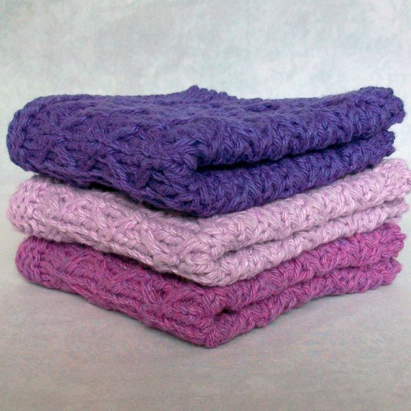 Handmade Purple Knit Cotton Wash Dish cloths Set of 3 - Picture 2 of 6